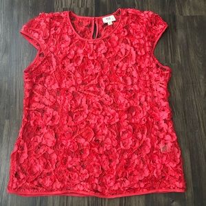 ECI New York Coral Flower Design Sheer Shirt